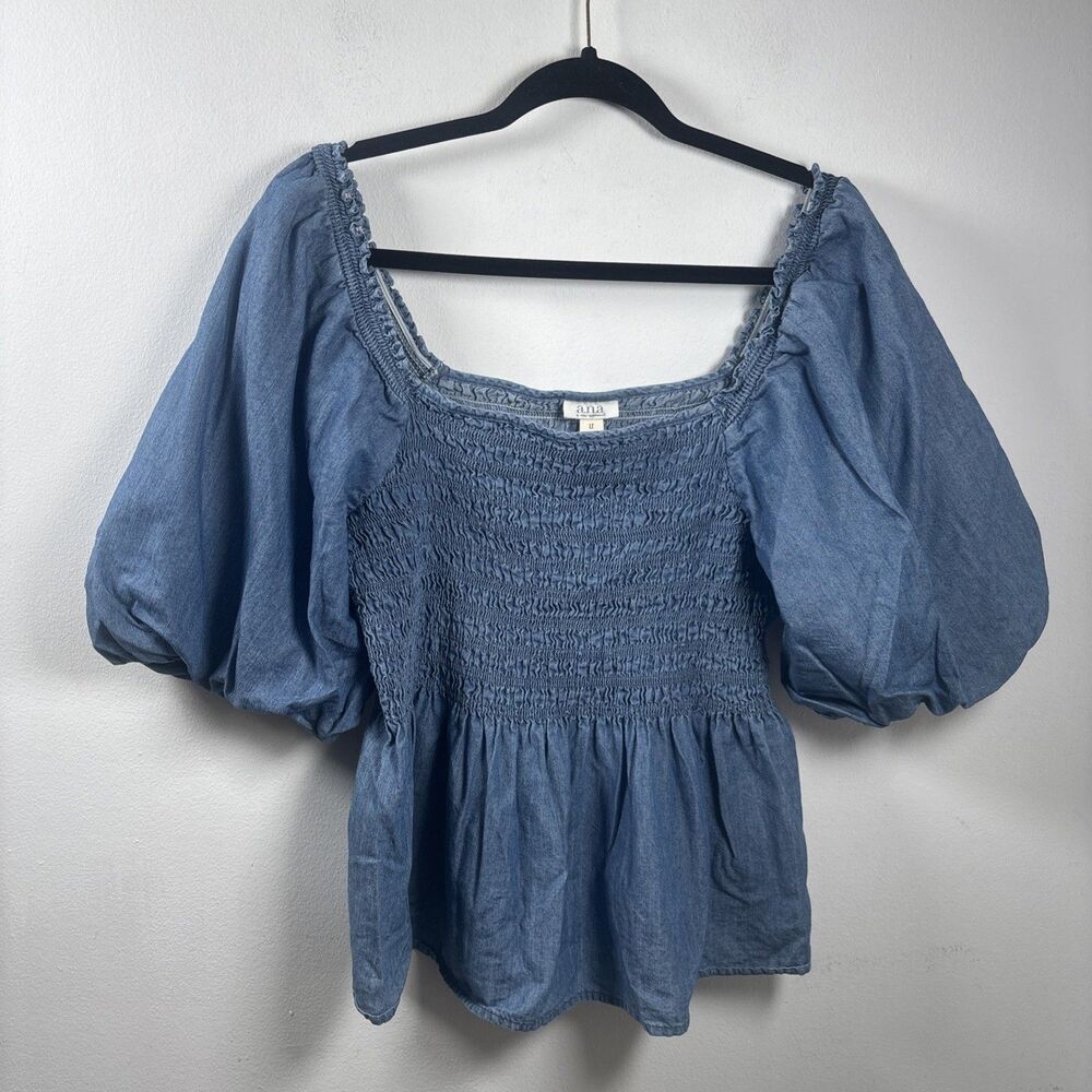 ANA New Approach Chambray Smocked Peplum Blouse LT Puff Sleeve Cottagecore - Picture 1 of 11
